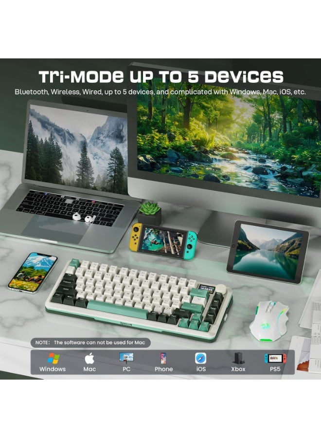 REDRAGON K708WLG Pro Wireless Mechanical Gaming Keyboard – 75% Layout 81 Keys, Tri-Mode 2.4G / Bluetooth / USB-C, Gasket Mount, Hot-Swap Pre-Lubed Switches, RGB Backlit, Smart LCD Screen & Control Knob, White & Green - Image 4